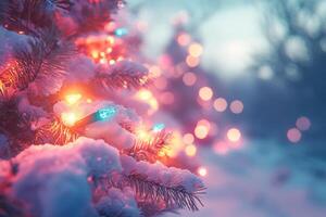 A beautifully decorated Christmas tree with lights glowing in a snowy landscape during winter photo