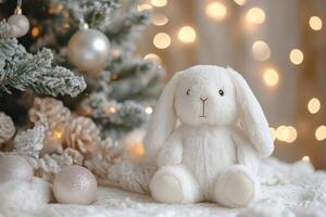 Soft white bunny toy placed near a frosted Christmas tree with twinkling lights in the background photo