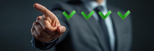 A business professional points at three check marks symbolizing success during a corporate meeting photo