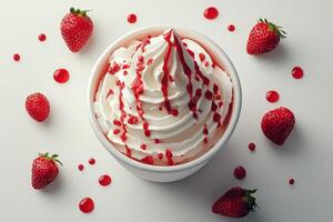 Creamy swirl of soft serve ice cream topped with fresh strawberries and strawberry sauce photo