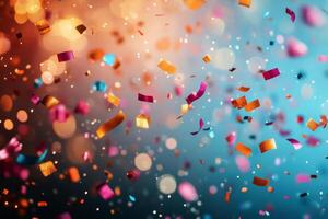 Colorful confetti falling in a festive atmosphere with blurred lights during a celebration photo