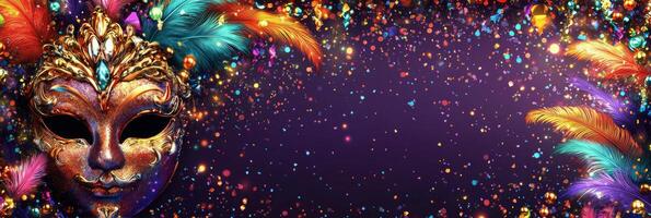 Colorful carnival mask with vibrant feathers and sparkling confetti on purple background photo