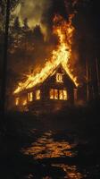 House engulfed in flames near water at night during a forest fire in a residential area photo