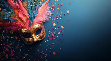 Colorful masquerade mask with feathers and confetti on vibrant blue background photo