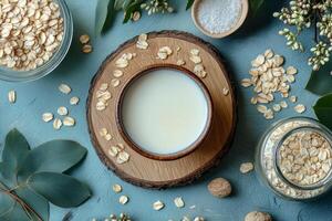 Oat milk served in a ceramic cup on a wooden surface surrounded by oats and green leaves photo