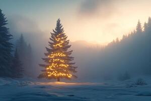 A serene winter landscape features a snow covered Christmas tree illuminated by golden lights photo