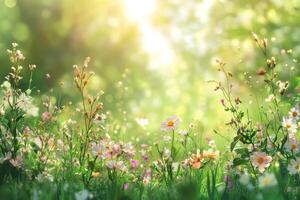 Sunlit field of wildflowers blooming in spring with a soft golden glow in the background photo