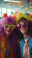 Colorful partygoers smiling at a festive event with bright decorations and balloons during the day photo