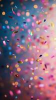 Colorful confetti falling against a blurred background during a festive celebration atmosphere photo