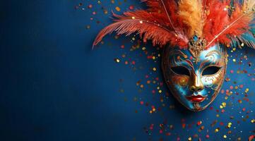 Colorful masquerade mask with feathers and confetti on vibrant blue background photo