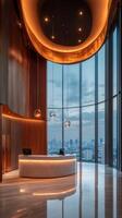 Elegant modern reception area with striking lighting and large windows in a high rise building photo