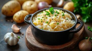 Delicious homemade sauerkraut with garlic and potatoes on a rustic wooden table photo