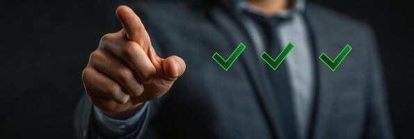 A business professional points at three check marks symbolizing success during a corporate meeting photo