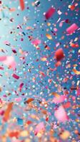 Colorful confetti falling against a blue background during a celebration or event photo