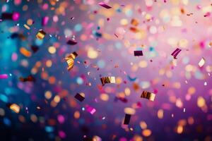 Colorful confetti falling in a festive atmosphere with blurred lights during a celebration photo