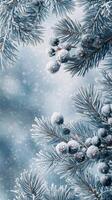 Winter pine branches adorned with snow and pine cones in a serene, frosty atmosphere photo