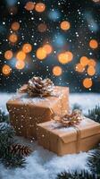 Snowy holiday scene with wrapped gifts and festive bokeh lights in the background photo
