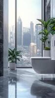 Modern bathroom design overlooking a city skyline with glass windows in the daytime photo