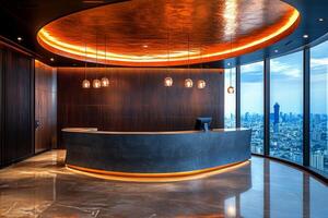 Modern reception area in high rise building featuring warm lighting and city skyline view photo