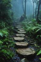 A tranquil stone pathway through a misty forest with soft glowing lights at dusk photo
