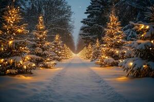 A peaceful winter pathway lined with snow covered trees illuminated by warm lights at night photo
