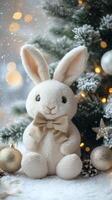 Soft white bunny plush toy sitting beside a decorated Christmas tree with glowing lights photo