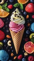 Colorful ice cream cones and toppings arranged on a dark surface with fruits and nuts photo