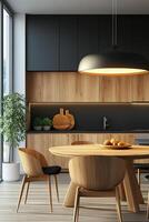 Modern kitchen interior with wooden accents and minimalist design featuring a dining table photo