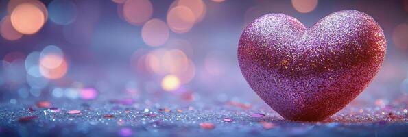 A sparkling pink heart decoration placed on a bed of glittering sequins at night photo