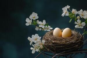A beautiful bird nest with speckled eggs surrounded by delicate white blossoms and greenery photo