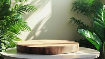Beautifully designed wooden platform surrounded by vibrant green plants in natural light photo