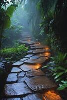 A tranquil stone pathway through a misty forest with soft glowing lights at dusk photo