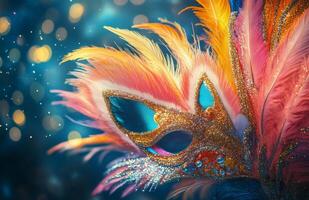 Colorful feathers with shimmering glitter against a bright bokeh background at a festive gathering photo