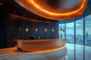 Modern reception area in high rise building featuring warm lighting and city skyline view photo
