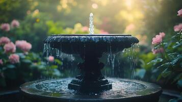 A tranquil fountain surrounded by vibrant flowers in a serene garden during daylight hours photo