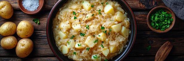 Delicious homemade sauerkraut with potatoes garnished with parsley beside fresh potatoes photo
