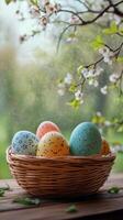 Colorful speckled eggs in a woven basket with spring blossoms in a serene garden setting photo