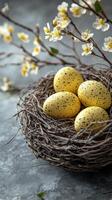 Blue eggs nestled in a natural nest surrounded by blooming flowers in spring atmosphere photo