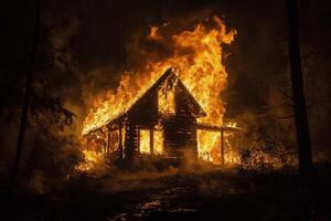 A wooden house engulfed in flames during a wildfire at night in a wooded area photo