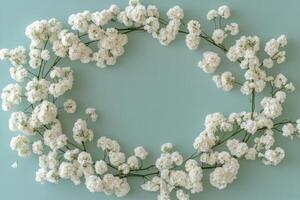 White flowers arranged in an oval shape on a light blue background for decoration photo