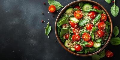 Fresh vegetable and quinoa salad with tomatoes and cucumbers on a dark background photo