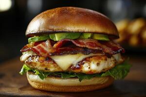 A close up of a burger with bacon, lettuce, and avocado photo