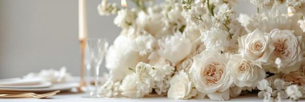 Elegant white floral arrangement on a beautifully set dining table for a special occasion photo