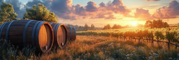 Barrels lined up in a vineyard under the golden sunset in a tranquil countryside setting photo