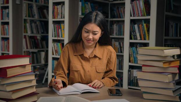 Asian woman female girl student in university library preparing exam studying using digital tablet reading ebook checking task list timetable class use application study education modern technology photo