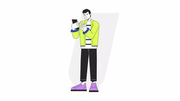 Smiling man dialing number on cellphone to call cartoon animation. Caucasian male typing phone 4K motion graphic. Gadget guy texting smartphone animated 2D character isolated on white background video