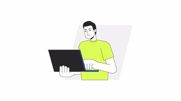 Cheerful guy typing laptop cartoon animation. Programming device 4K motion graphic. Remote job. Freelancer holding notebook with one hand animated 2D character isolated on white background video