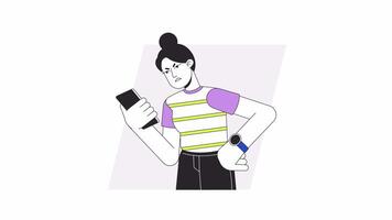Irritated grumpy woman looking at phone cartoon animation. Breakup over cellphone 4K motion graphic. Stressed girl clenching smartphone animated 2D character isolated on white background video