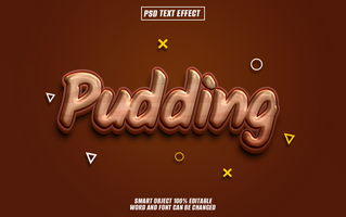 3d texto efeito do a palavra pudim dentro uma dourado Castanho cor com uma lustroso, metálico terminar em uma Castanho fundo. psd