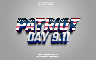 A 3D text effect of the words Patriot Day 9.11 with the American flag pattern. psd